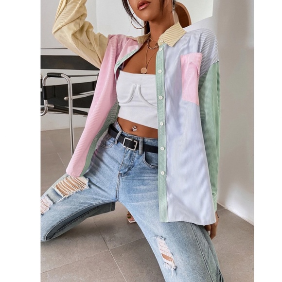 Multicolor Striped Casual Oversized Button Down Shirt Blue, Green, Yellow, Pink - Picture 6 of 11